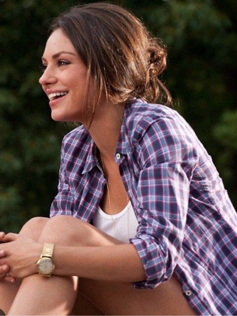 Theory Purple Plaid Button-Down Shirt cuffed sleeve